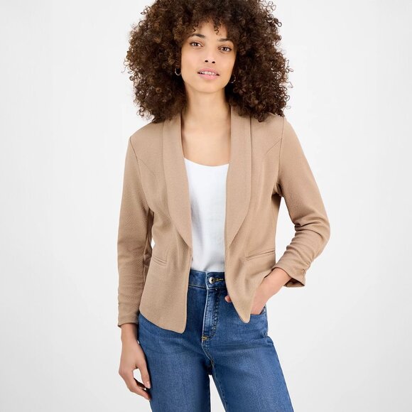 Bar III Size Petite Large Tan Warm Ginger Open Front Jacket with Ruched Sleeves - Picture 2 of 6